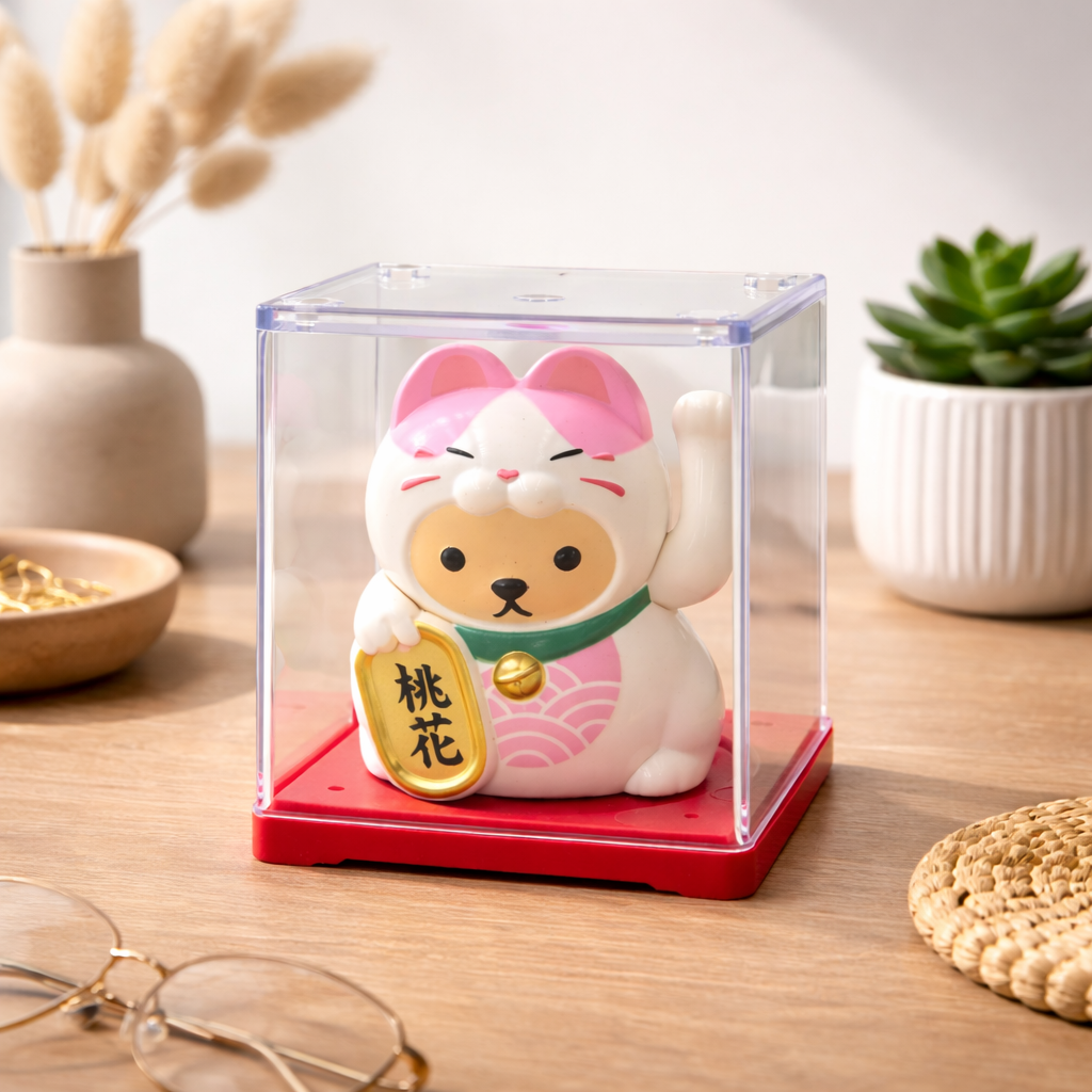 Solarbetriebene Kawaï Lucky Cat in Rosa mit Verkleidung