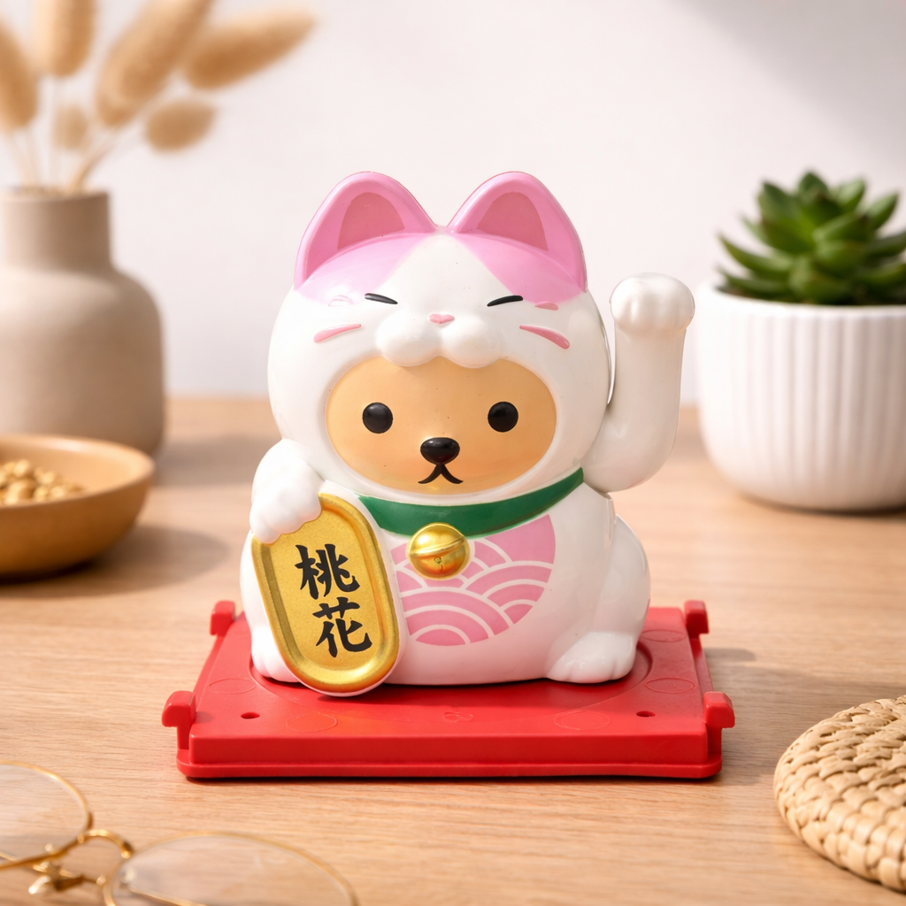 Solarbetriebene Kawaï Lucky Cat in Rosa mit Verkleidung