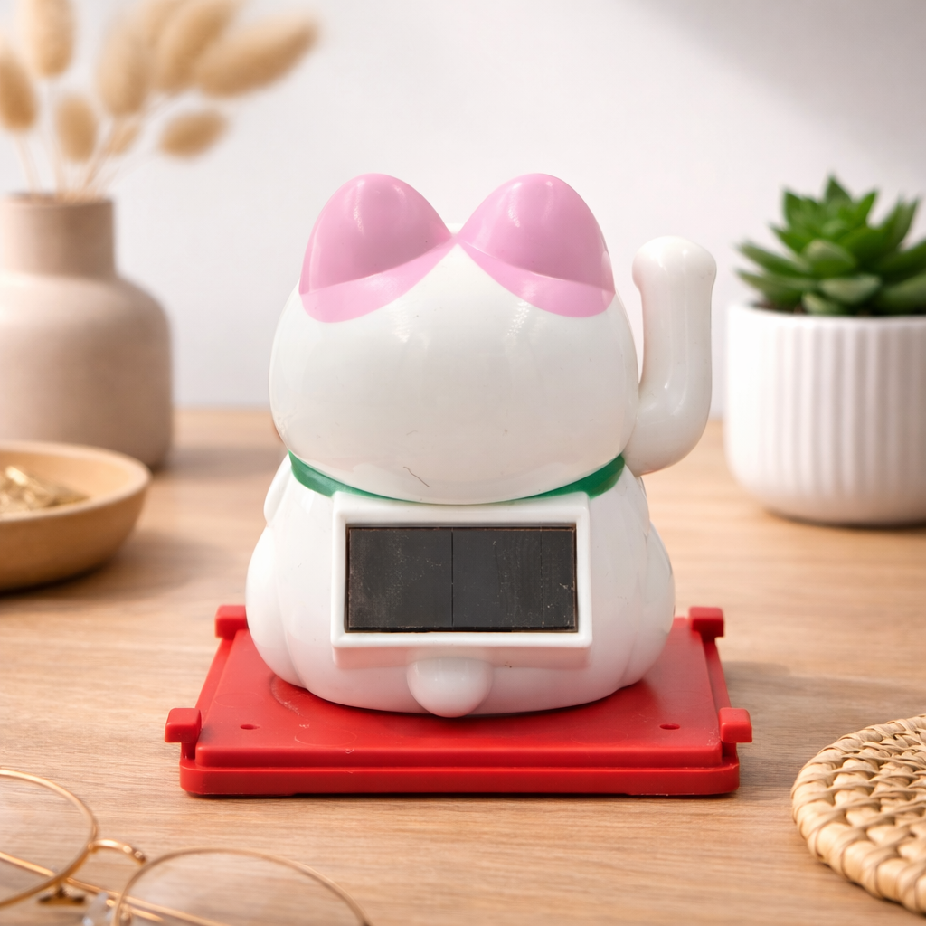 Solarbetriebene Kawaï Lucky Cat in Rosa mit Verkleidung