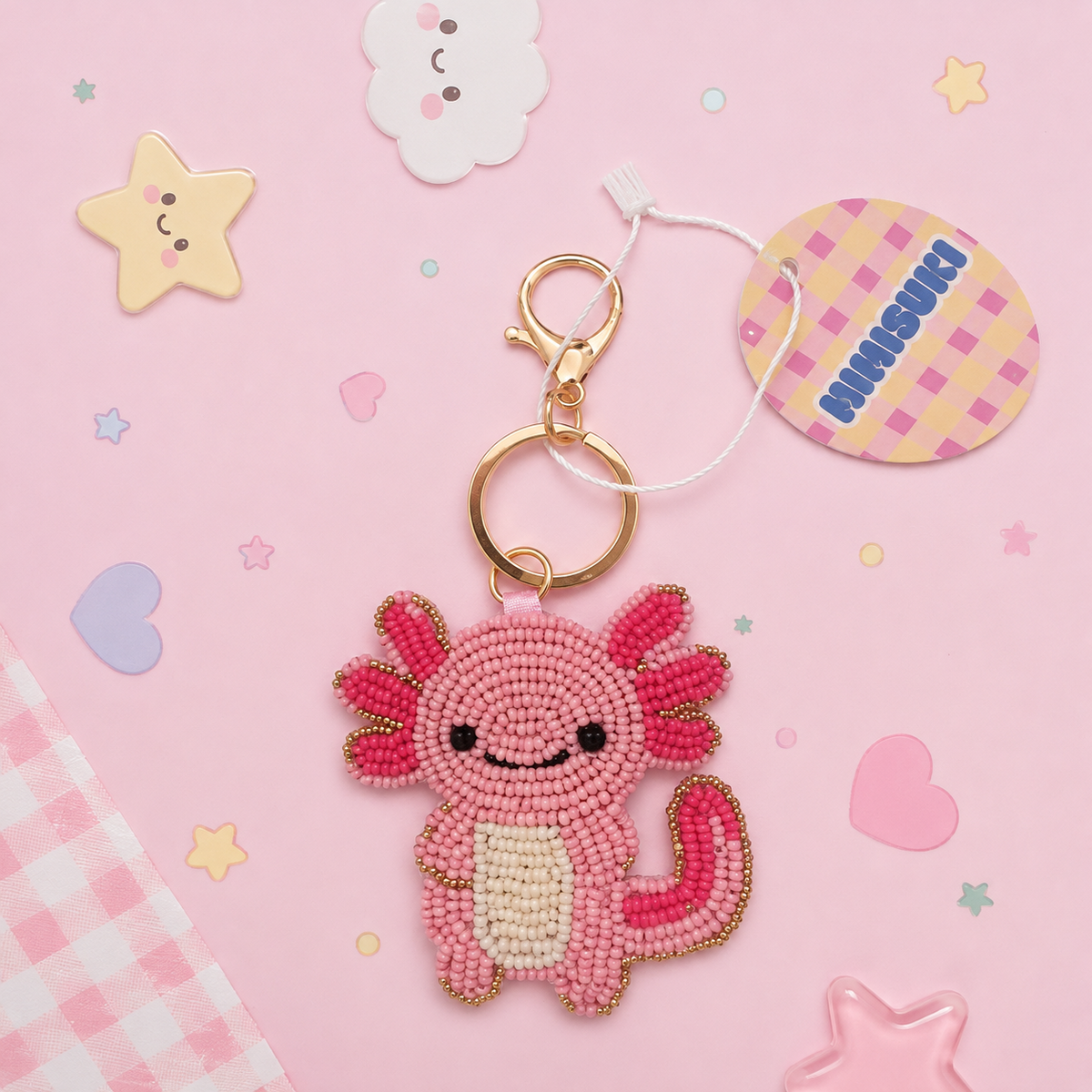 Axolotl Kawaii taskevedhæng - broderede perler