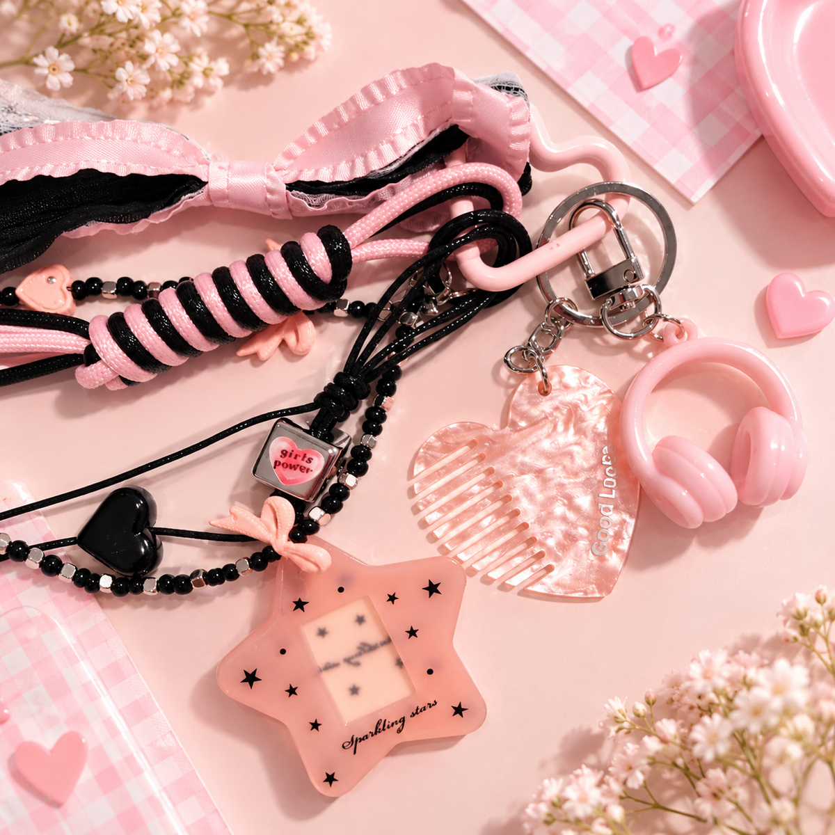 Bijou de sac à breloques rose et noir – Jolie Rebelle- Kawaï K-POP