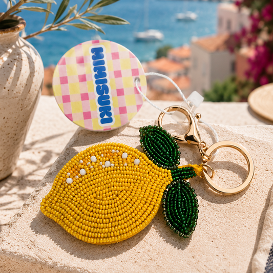 Nyckelring väskberlock Citron broderade pärlor