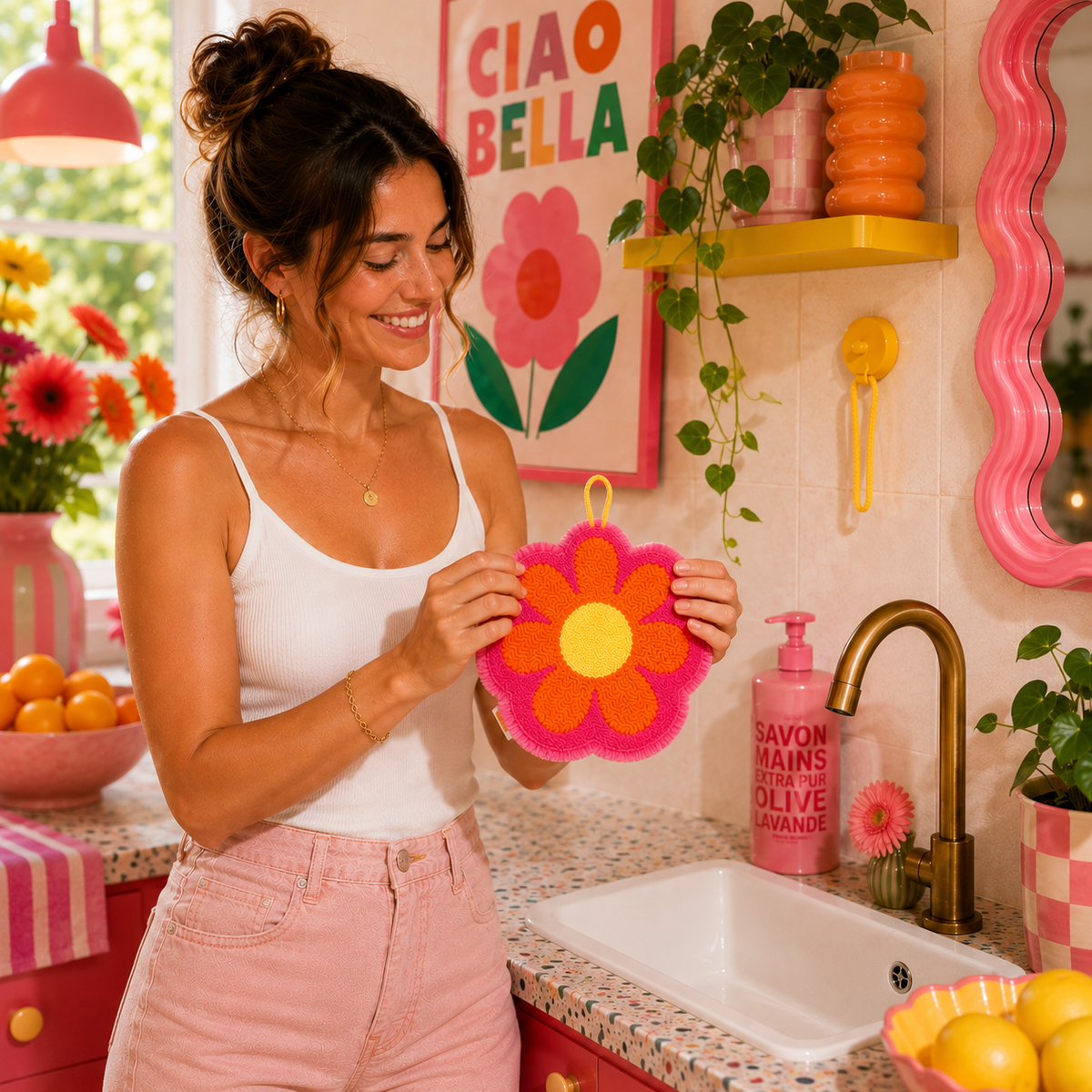 Toalha de mãos coreana - Toalha Happy Hands Groovy Flower