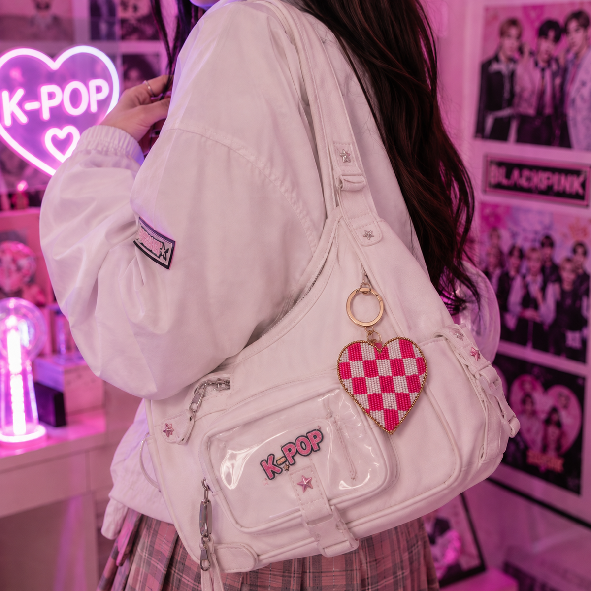 K-pop taskevedhæng med lyserød hjerte-nøglering - broderede perler