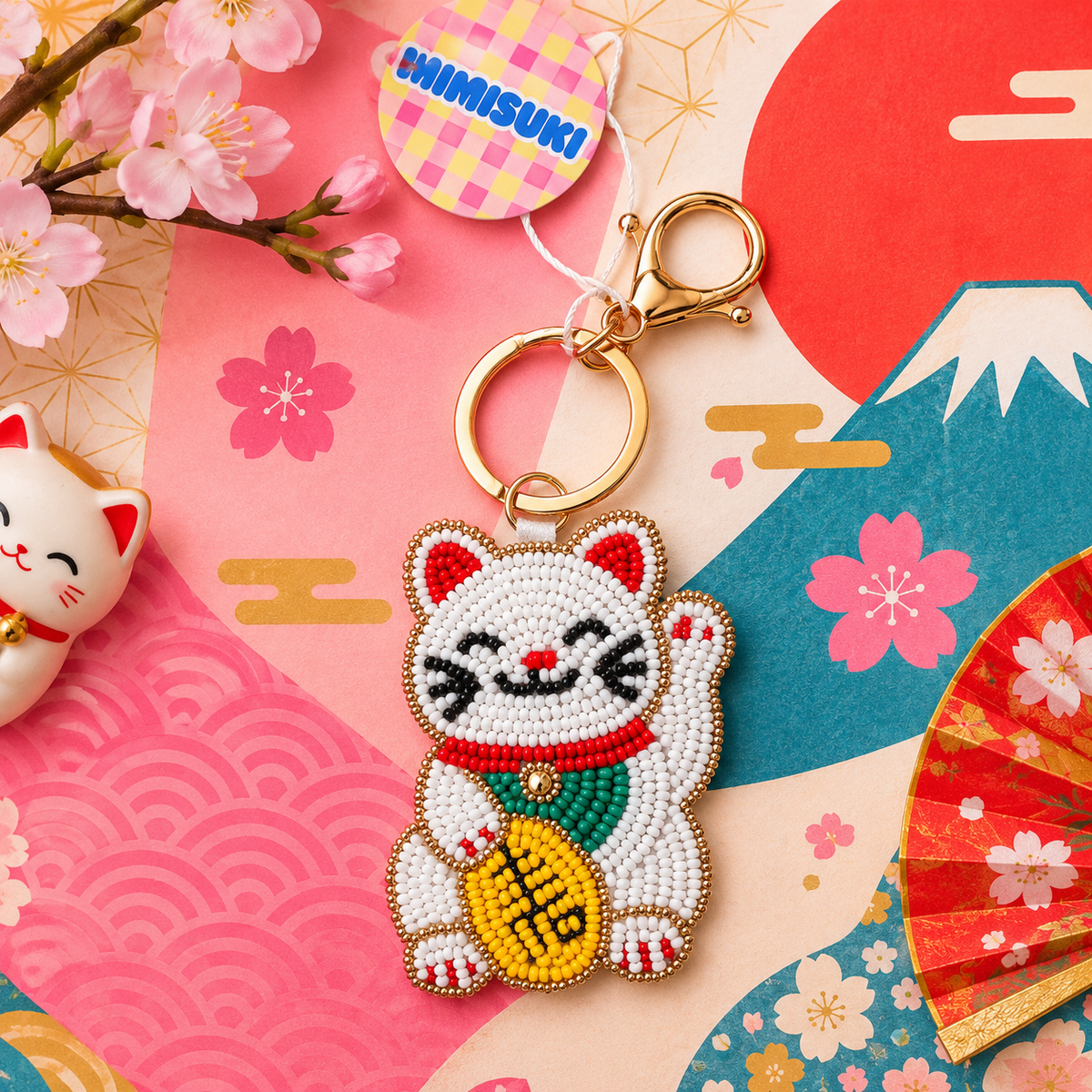 Ciondolo per borsa Lucky Cat - Maneki neko in perline ricamate