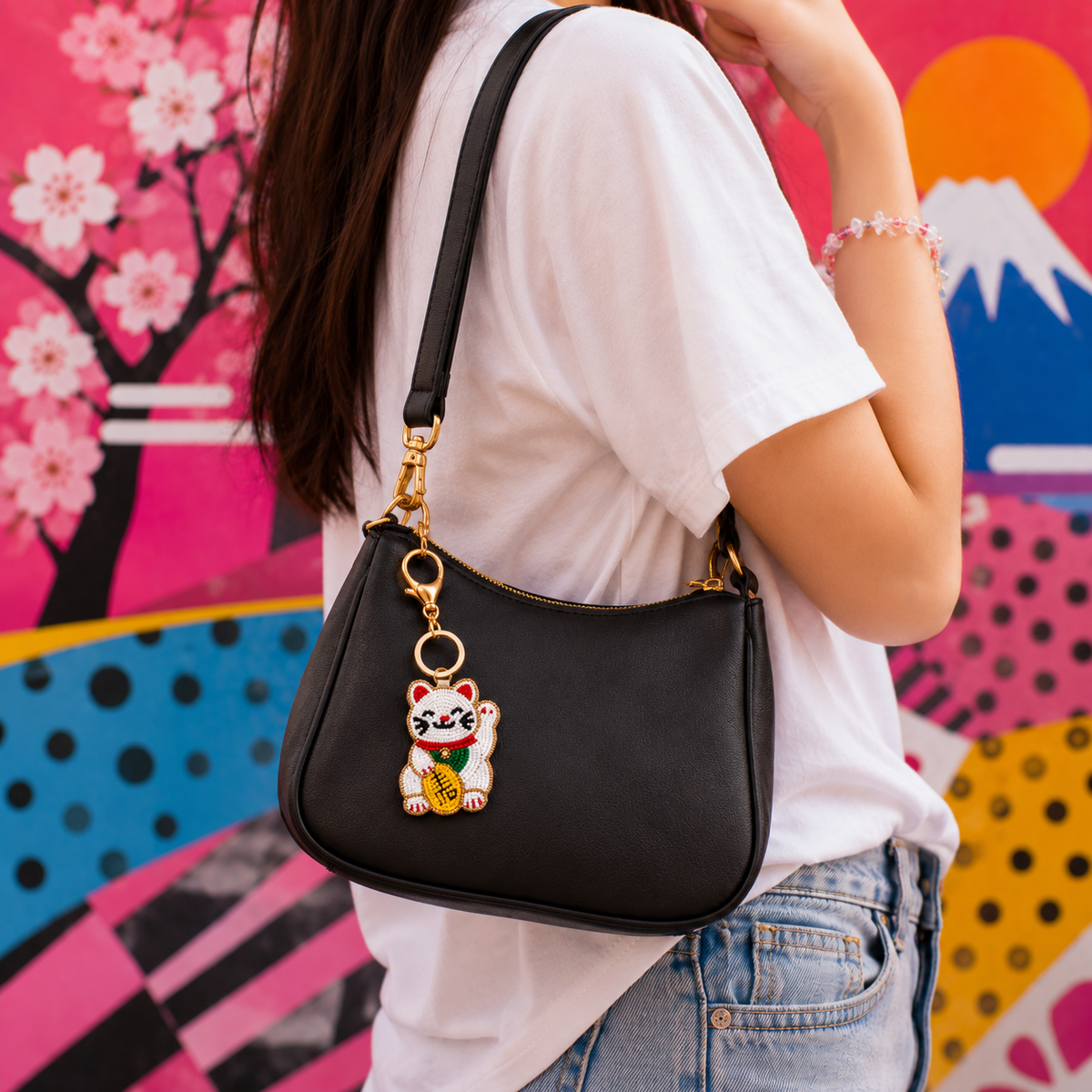 Ciondolo per borsa Lucky Cat - Maneki neko in perline ricamate