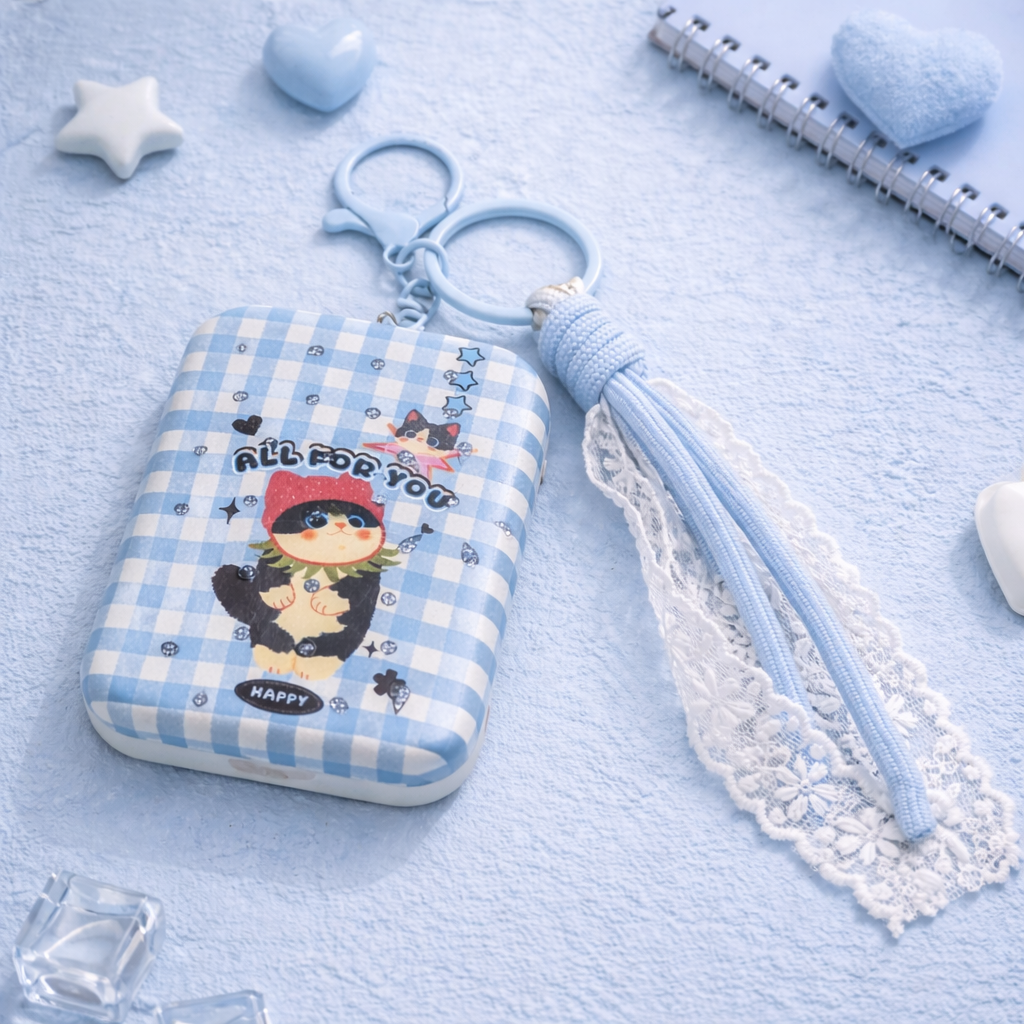 Miroir pliant - Porte clés Chat Vichy bleu Kawaii