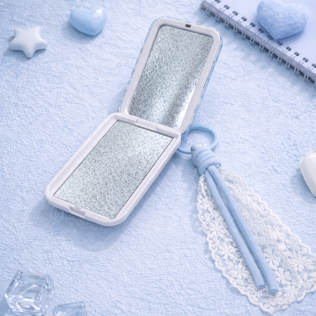 Miroir pliant - Porte clés Chat Vichy bleu Kawaii