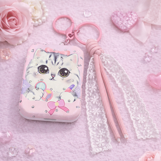 Fällbar spegel - Nyckelring Katt Rosa Spets Kawaii
