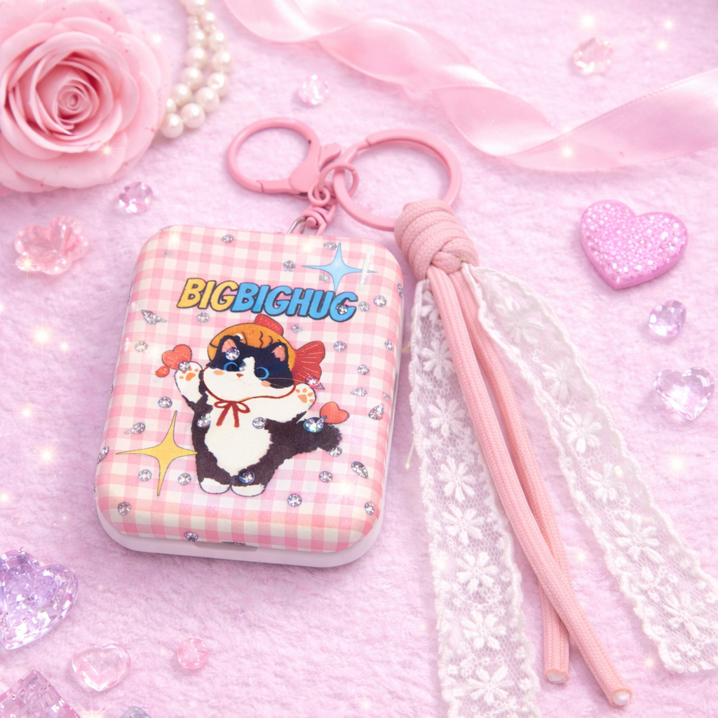 Espejo plegable - Llavero Gato Vichy Rosa