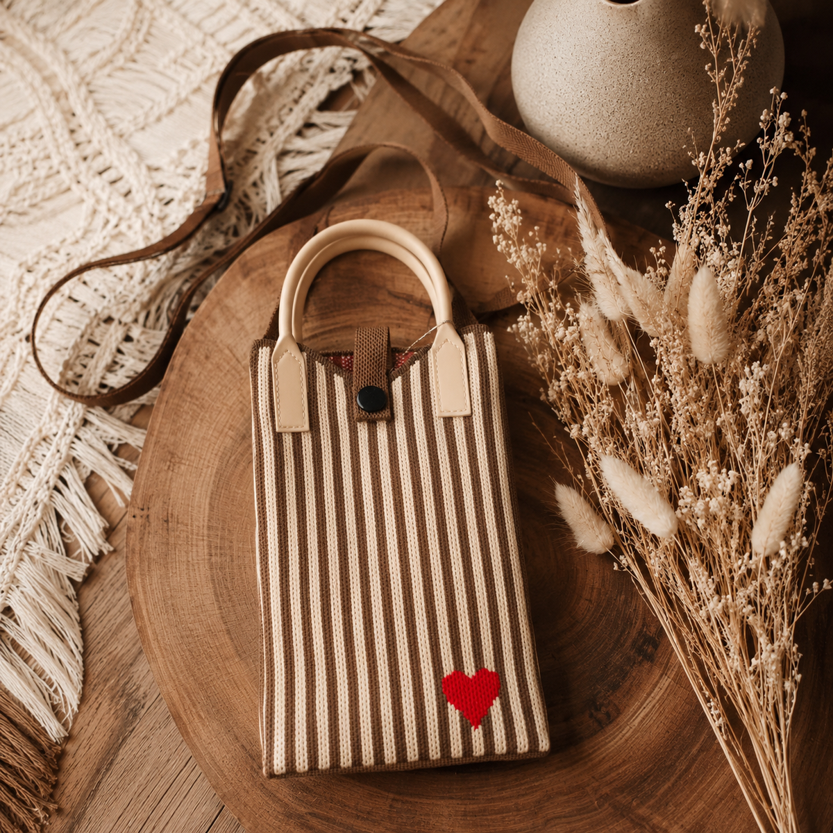 Pixie Bag Cuore a righe marrone - Piccola borsa porta cellulare