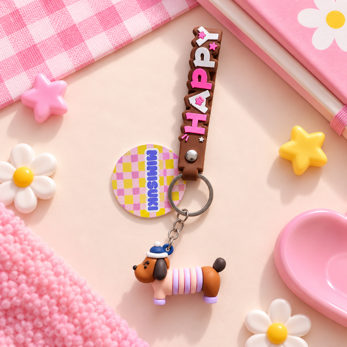 Porte-clés Teckel Kawaii Happy Pop – 4 coloris