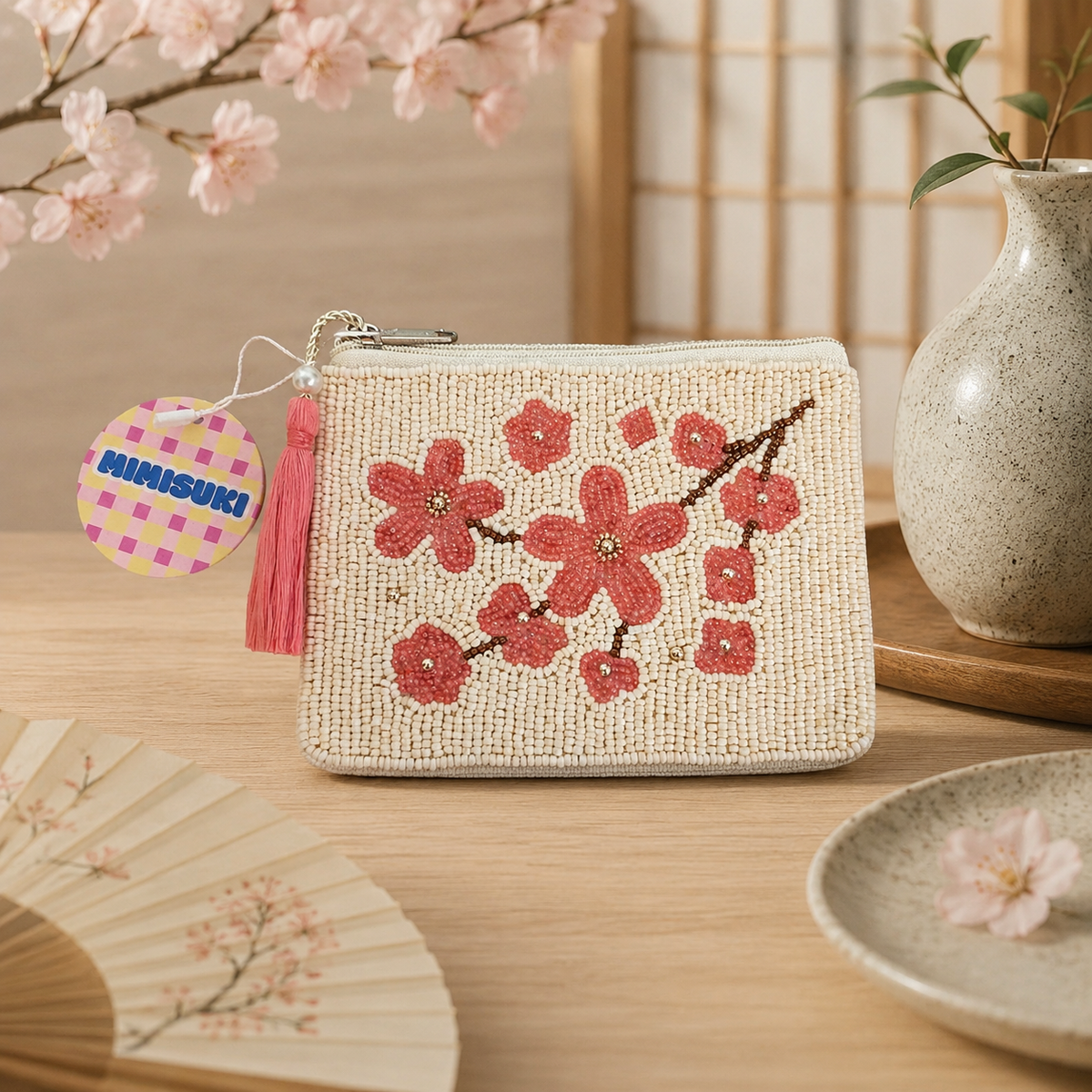 Porta-moedas Sakura bordado com missangas
